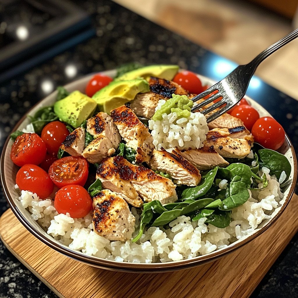 High Protein Bowl mit Reis und Hähnchen