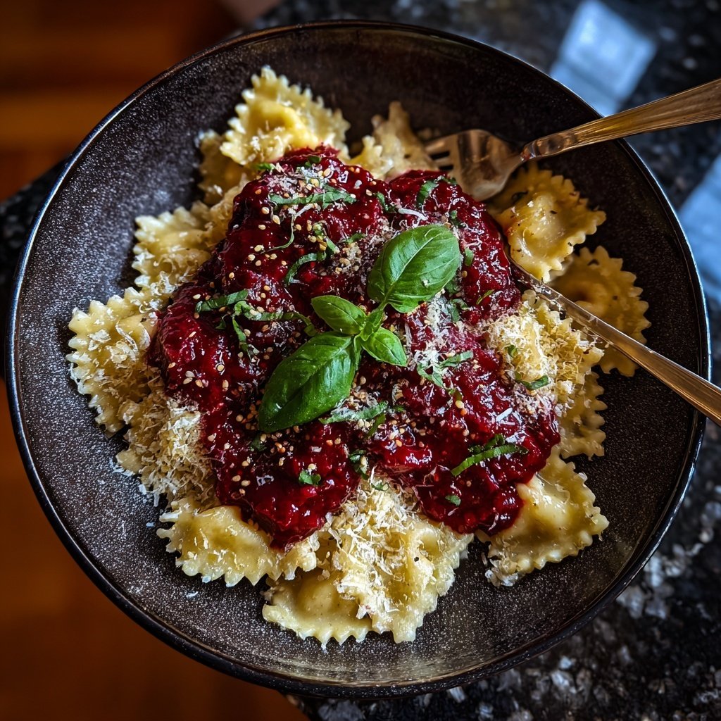 Herzförmige Pasta mit Rote-Bete-Sauce