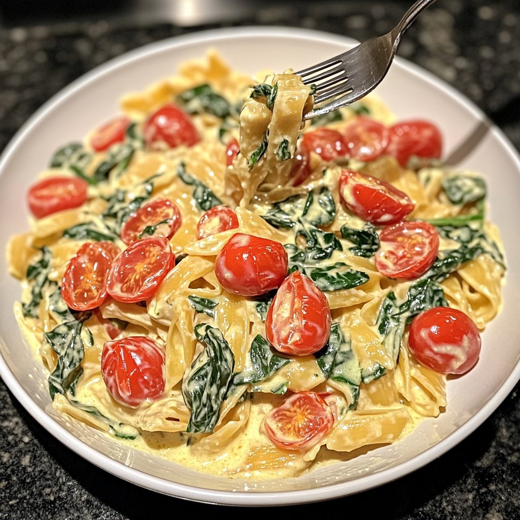 One-Pot Pasta mit Tomaten & Spinat