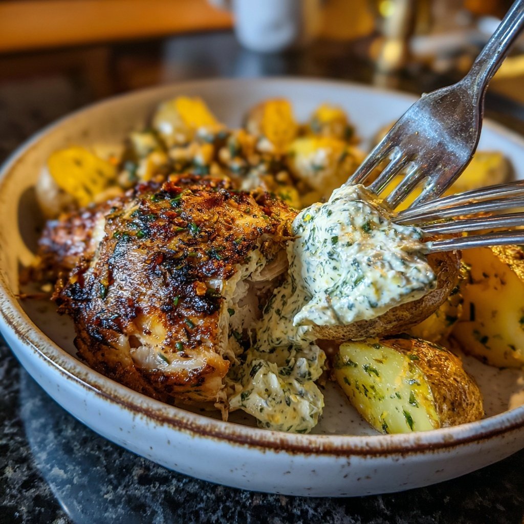 Mittagessen mit Ofenkartoffeln und Dip