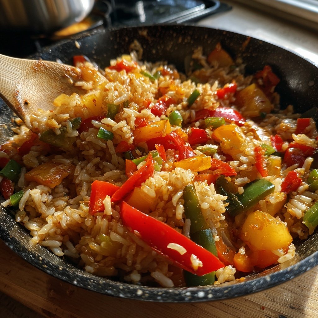 Mittagessen mit Gemüsepfanne und Reis